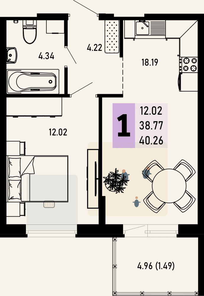 Просторная 1К, 40.26 м²: меблированная планировка
