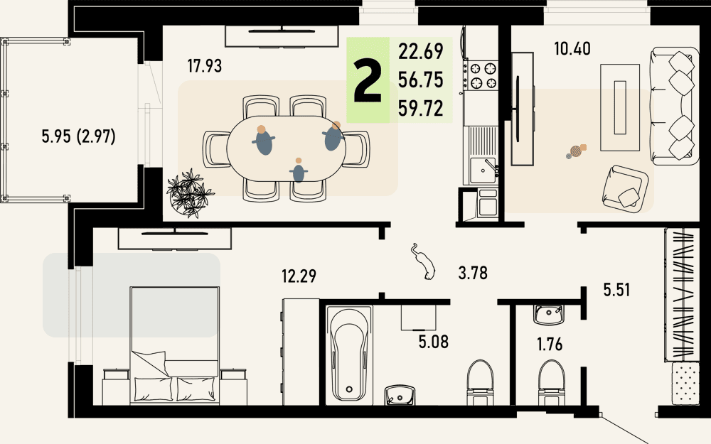 Семейная 2К, 59.72 м²: меблированная планировка