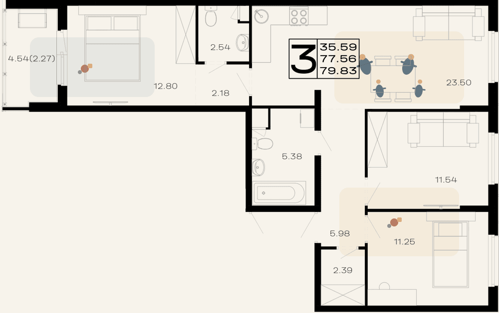 Семейная 3К, 79.83 м²: меблированная планировка