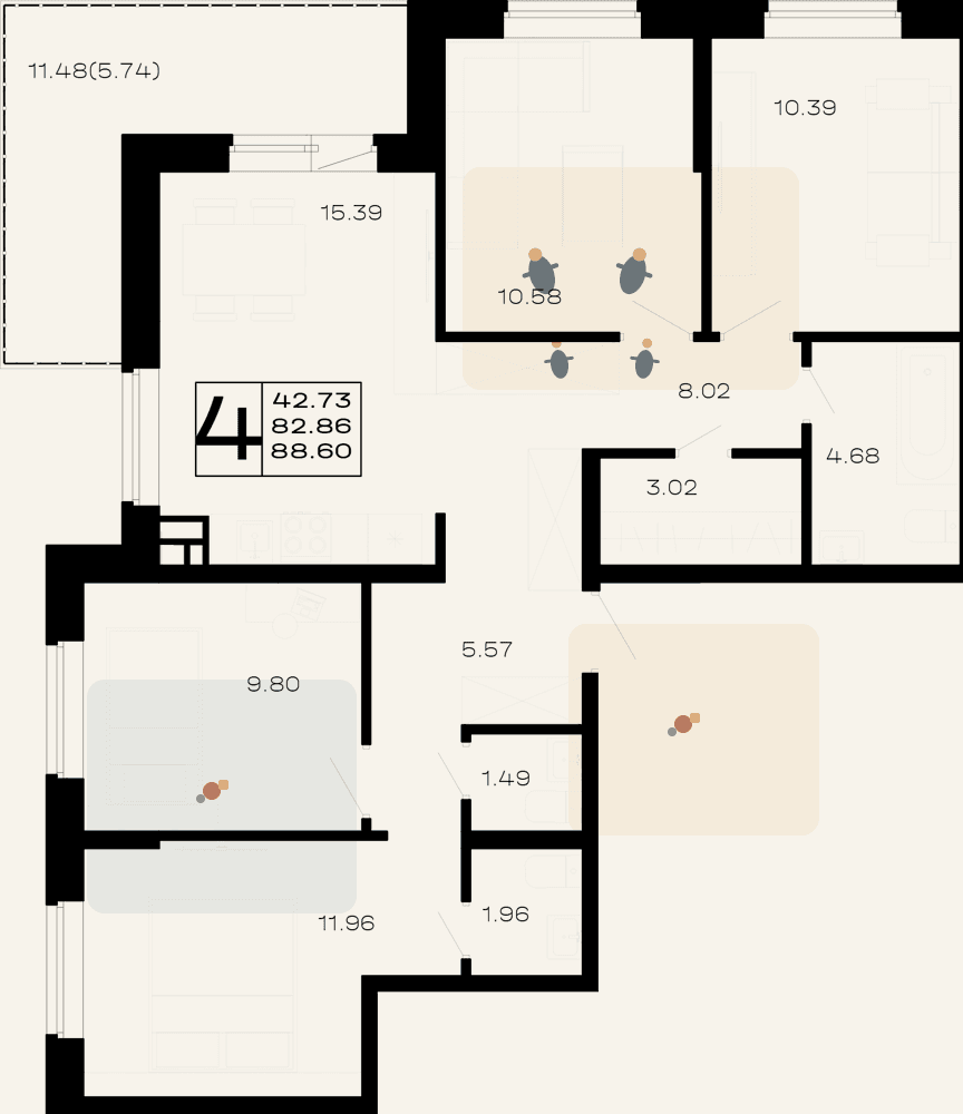 Семейная резиденция 4К, 88.6 м²: меблированная планировка